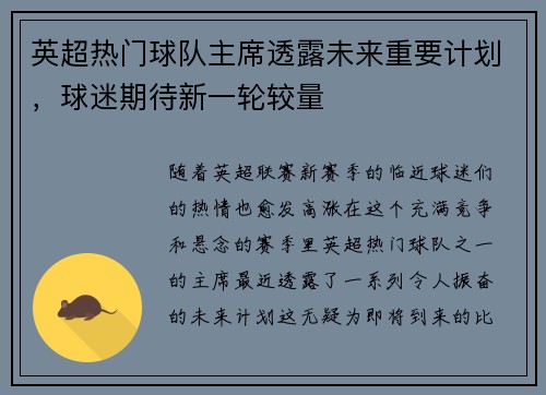 英超热门球队主席透露未来重要计划，球迷期待新一轮较量