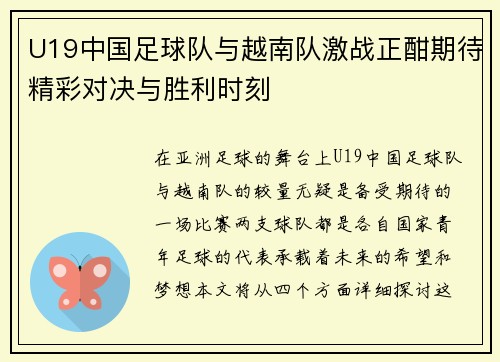 U19中国足球队与越南队激战正酣期待精彩对决与胜利时刻